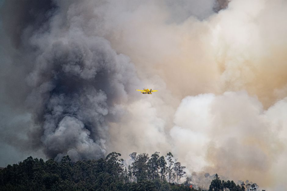 Aviation plane fights a massive forest fire, engulfed in thick smoke, showcasing emergency response.