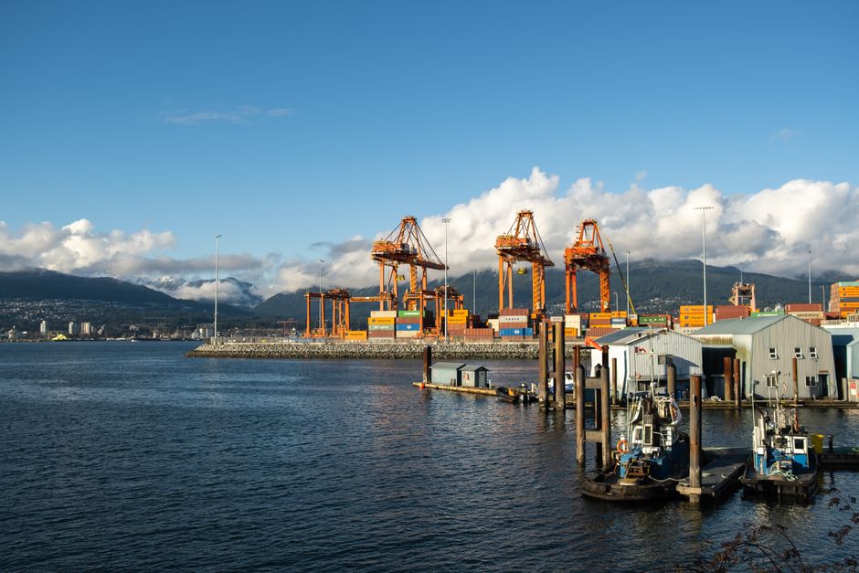 Bright day at a container port with orange cranes and mountain backdrop.