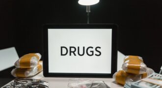 Conceptual image of drugs, money, and handcuffs on a table under harsh light, depicting crime themes.