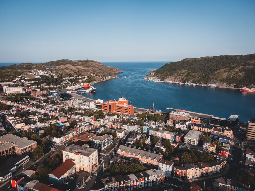 Elevated view of St. John's vibrant cityscape and picturesque harbor.